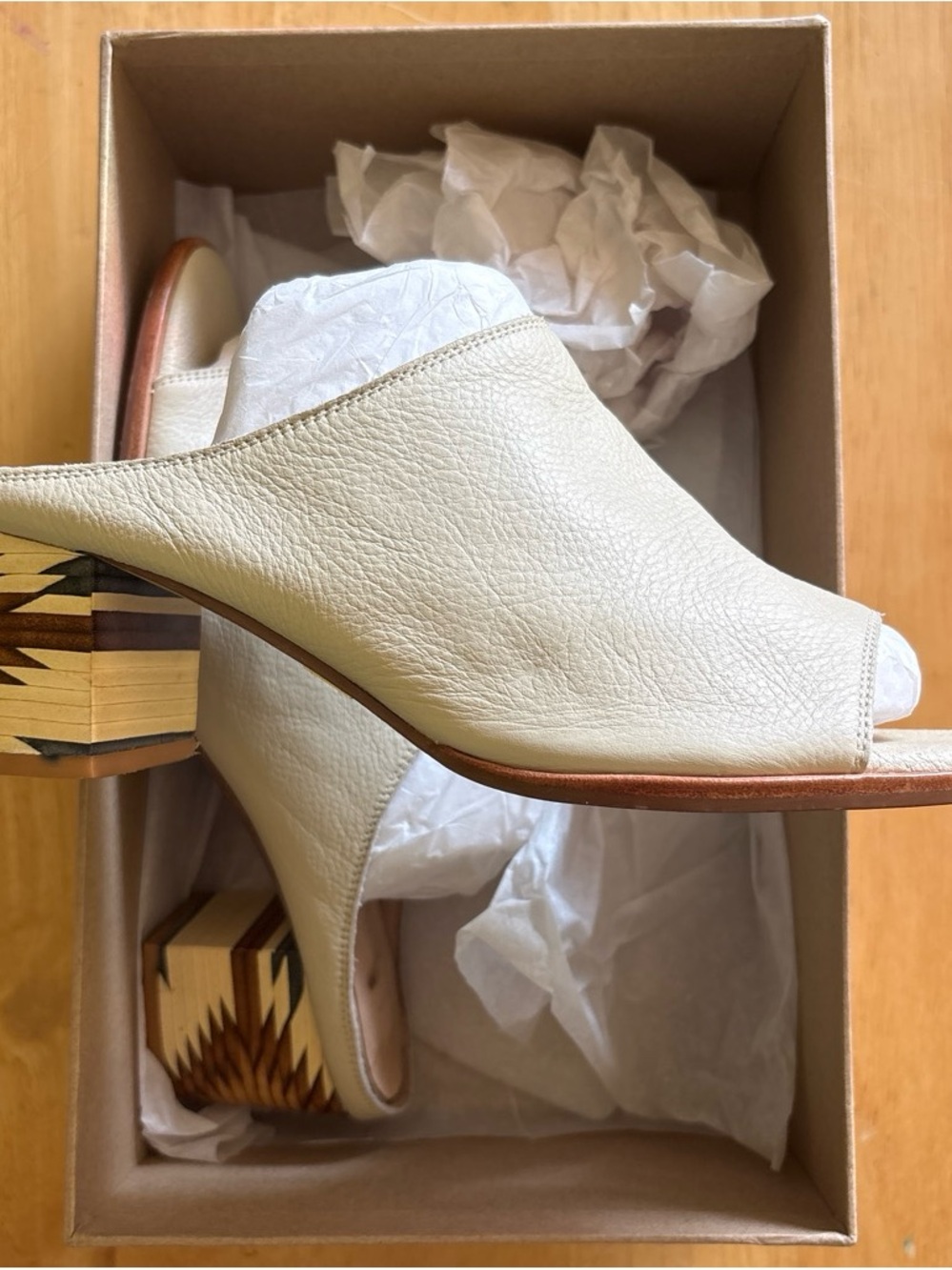 LuLaRoe Cream Leather Open-Toe Mule with Patterned Block Heel